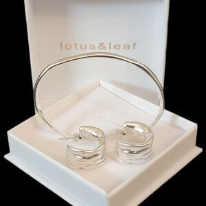 New 925 Sterling Silver Half Hoop Earrings & Wavy Cuff Bracelet Set — Adjustable